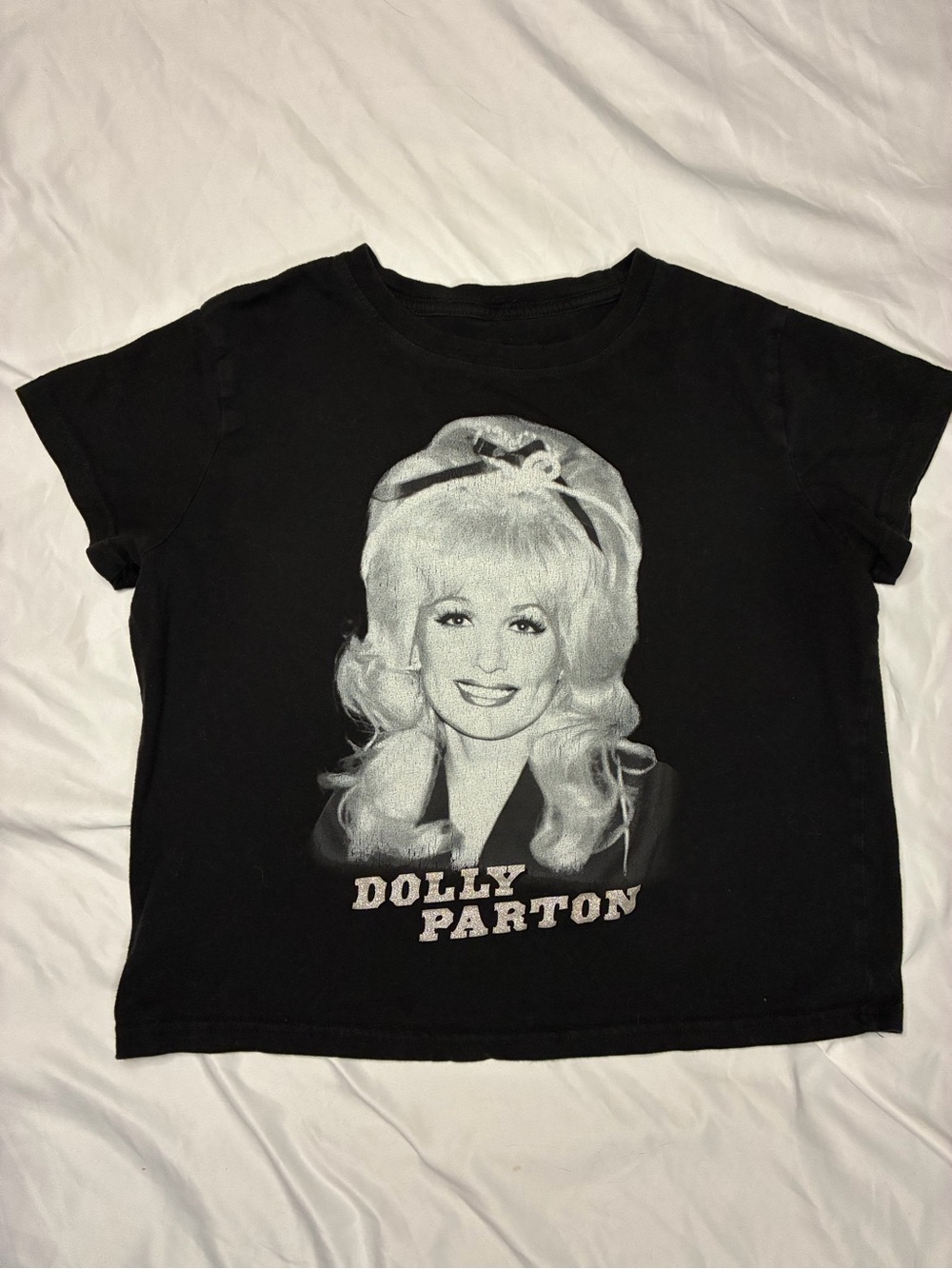 Dolly Parton Crop T-shirt Black with Glitter Letters Vintage Tee Styling